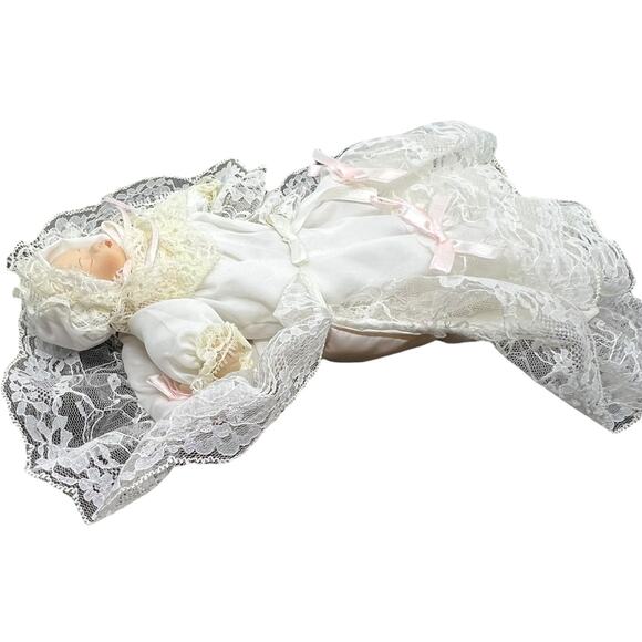 Miniature Porcelain Baby Doll in White Lace Bonnet Collectible Decor - Picture 7 of 9
